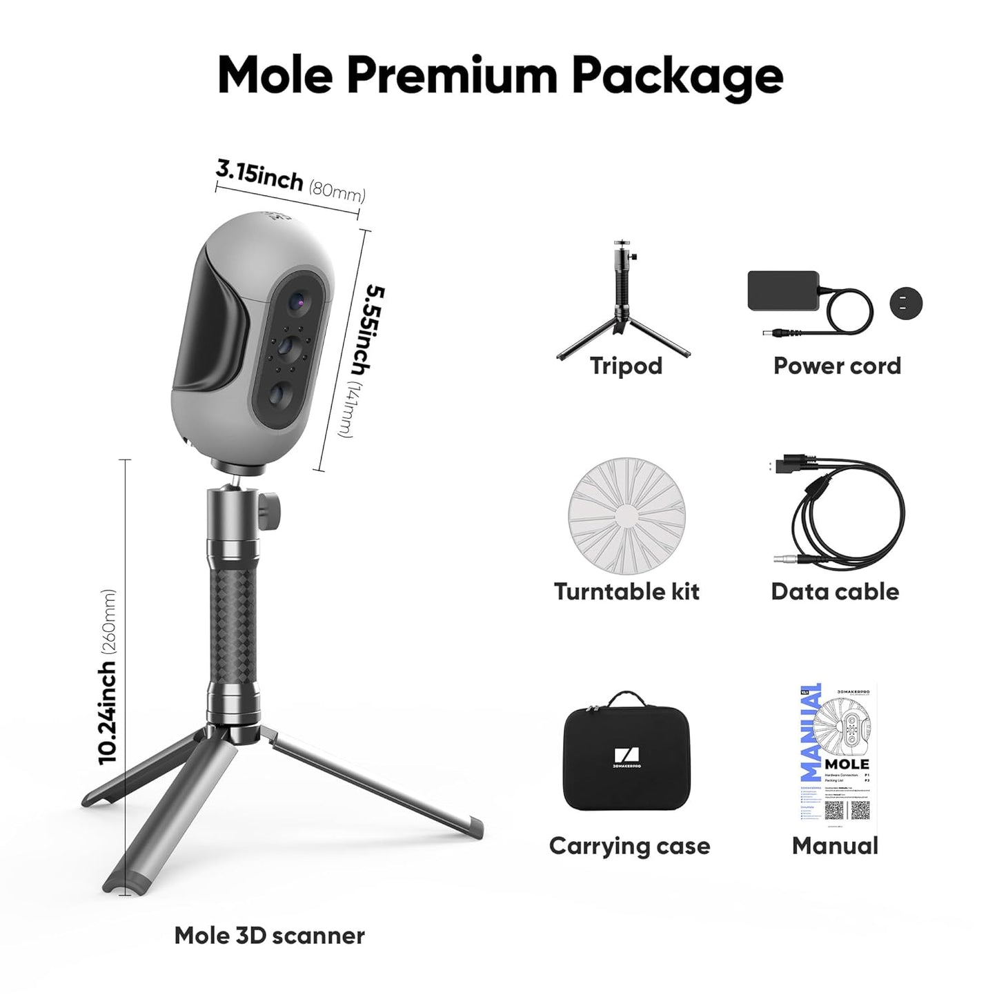 3DMakerpro Mole Escáner 3D de mano para impresora 3D, precisión de 0,05 mm y resolución de 0,1 mm, velocidad de escaneo de 10 FPS con lentes antiagitación, escáneres modelo 3D para Win10/MacOS, kit