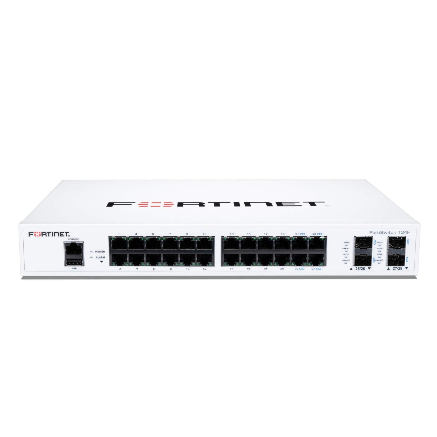 FORTINET FortiSwitch 124F - FS-124F, gestionado, 24 puertos GE + 4 puertos SFP+ + 1 consola RJ45. Diseño sin ventilador. Montaje en rack