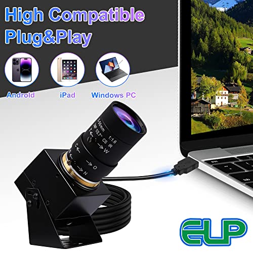 ELP Cámara USB 4K de enfoque variable, cámara web de 5 a 50 mm, zoom 10X, cámara varifocal, 2160P 30 fps, cámara web de enfoque manual, IMX317 Vari-Focus USB, cámaras USB de primer plano para Windows, Linux, Mac, Raspberry Pi