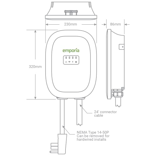 EMPORIA ENERGY Cargador Inteligente para vehículos eléctricos, 48 A, Nivel 2, Energy Star/UL, NEMA 14-50 o Cable Duro, Cable de 25 pies, EVSE para Interiores y Exteriores