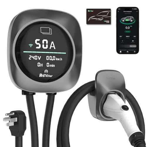 RhEVchar Cargador EV de 50 amperios, estación de carga de nivel 2 de pantalla inteligente con WiFi, cargador de vehículo eléctrico para el hogar J1772 de 240 V NEMA 14-50, enchufe o cable duro, cargador de automóvil controlado por aplicación ETL