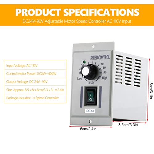 Controlador de Velocidad del Motor de CC Regulador de Velocidad Ajustable Entrada de 110V CA 24V~90V Salida Interruptor de Control de Velocidad del Motor CC