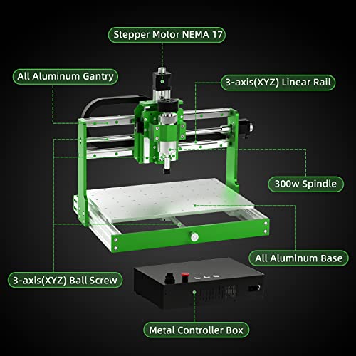 FoxAlien x WoodMads WM-3020 - Enrutador CNC para espeleología de metal, rieles lineales de husillo de 300 W y tornillos de bola, fresadora de 3 ejes para aluminio, cobre, madera, acrílico