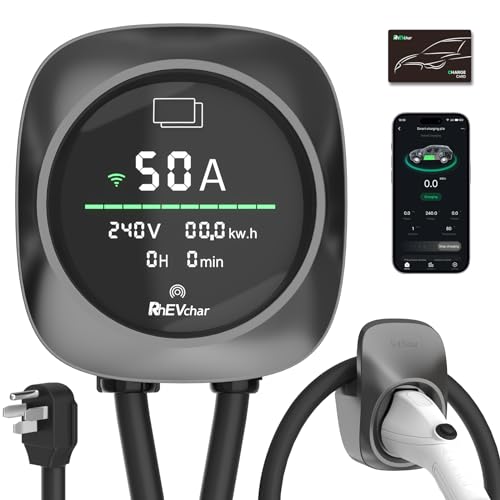 RhEVchar Cargador EV de 50 amperios, estación de carga de nivel 2 de pantalla inteligente con WiFi, cargador de vehículo eléctrico para el hogar J1772 de 240 V NEMA 14-50