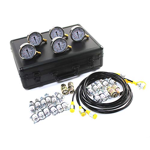 SINOCMP Kit de prueba de presión hidráulica con 5 calibres, 3 mangueras de prueba y 24 acoplamientos, kit de manómetro de prueba hidráulica utilizado para excavadoras