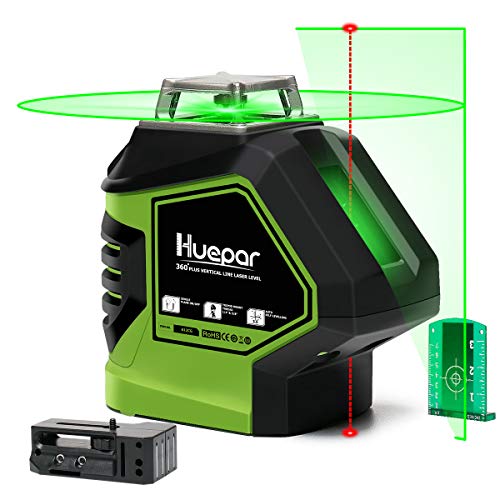 Huepar Línea cruzada de nivel láser verde autonivelante con 2 puntos de fontanería, línea horizontal de 360 grados más gran ángulo de ventilador de haz vertical con puntos arriba y abajo, base giratoria magnética 621CG