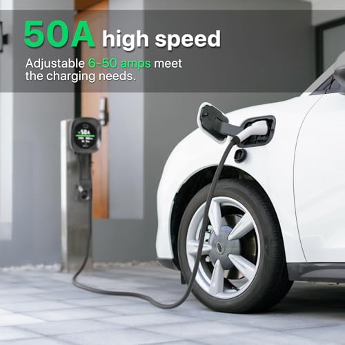 RhEVchar Cargador EV de 50 amperios, estación de carga de nivel 2 de pantalla inteligente con WiFi, cargador de vehículo eléctrico para el hogar J1772 de 240 V NEMA 14-50