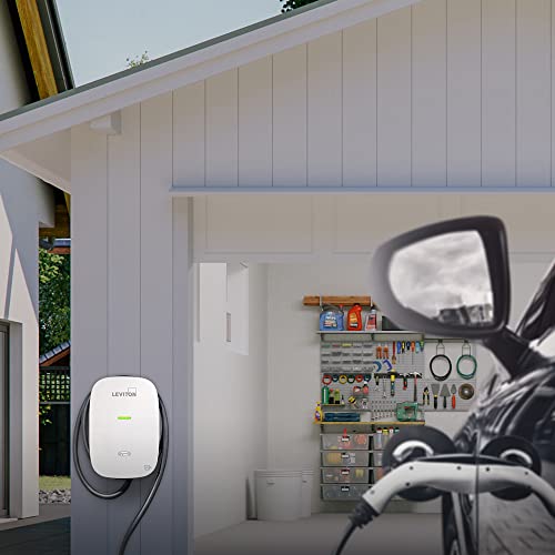 Leviton EV480, estación blanca de vehículo eléctrico 48a, 208/240v salida de 11.6 kW, cable de carga de 18 pies, cableado