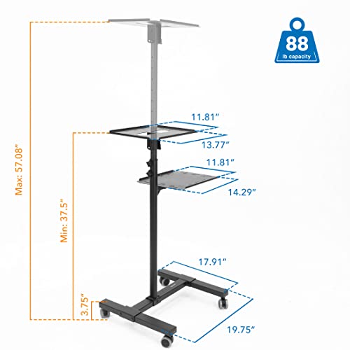 Soporte móvil para proyector y computadora portátil (2 estantes), carro rodante con bandeja ventilada, resistente, carro de presentación para computadora portátil y proyector de altura ajustable, negro