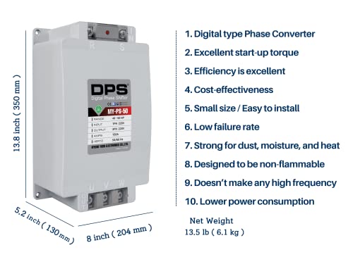 Convertidor monofásico a 3 fases, modelo MY-PS-50, adecuado para motor trifásico de 40 HP (30 kw) 120 amperios 200-240 V, DPS debe utilizarse para un solo motor, entrada/salida 200 V-240 V, tipo digital