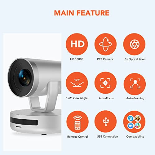 NUROUM Cámara FHD PTZ 1080P con zoom óptico 5X y control remoto, seguimiento de encuadre, autoenfoque, gran angular