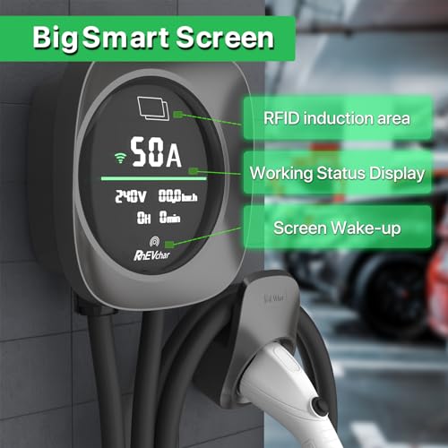 RhEVchar Cargador EV de 50 amperios, estación de carga de nivel 2 de pantalla inteligente con WiFi, cargador de vehículo eléctrico para el hogar J1772 de 240 V NEMA 14-50