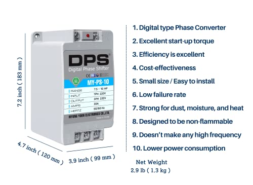 Convertidor monofásico a 3 fases, modelo MY-PS-10, adecuado para motor 3 fases de 7.5 HP (5.5 Kw) 23 amperios 200-240 V, DPS debe ser utilizado solo para un motor, entrada/salida 200 V-240 V, tipo digital