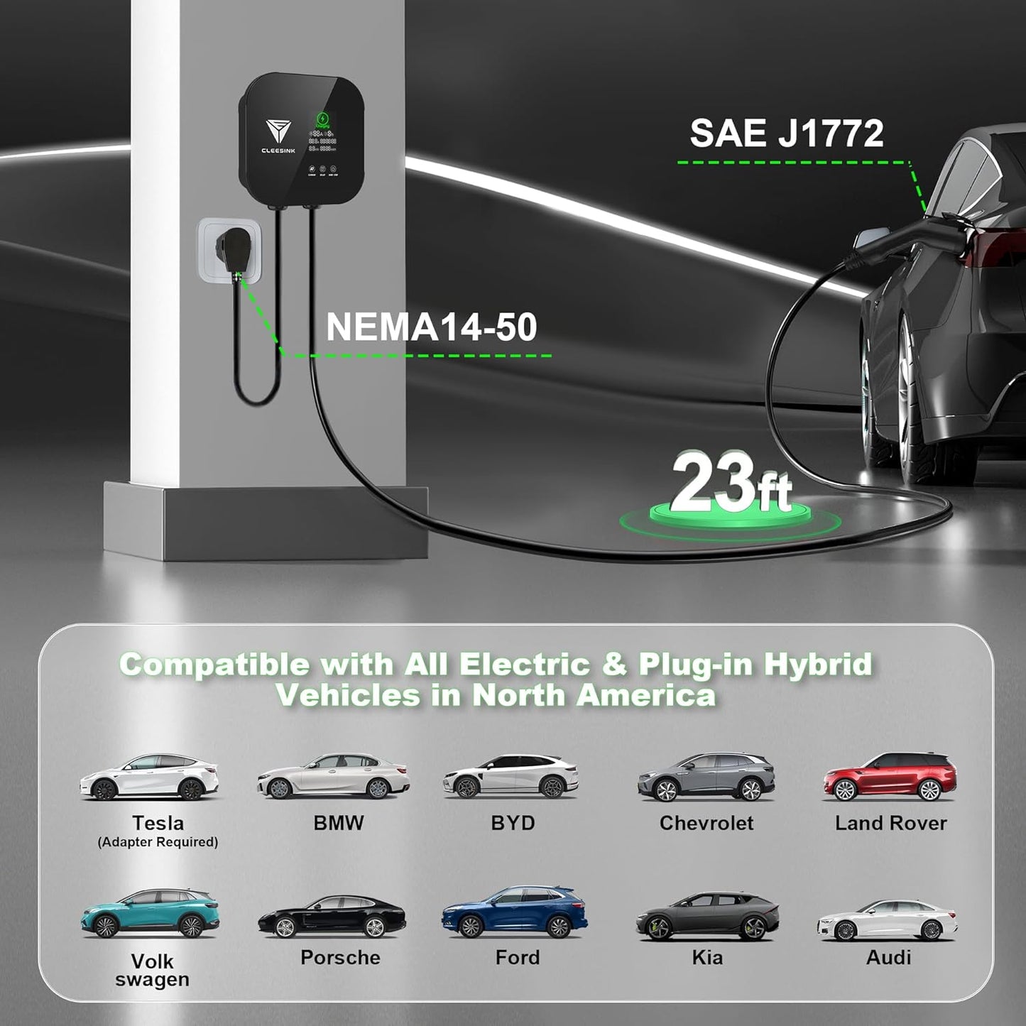 CLEESINK Cargador EV de nivel 2, estación de carga de vehículos eléctricos para interiores y exteriores, 40 A 240 V, NEMA 14-50, cable de 23 pies con certificación UL. 4-2687602YL