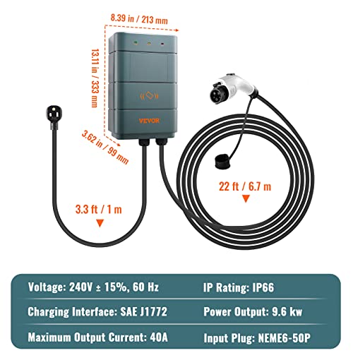 VEVOR Estación de carga de vehículos eléctricos de nivel 2, 0-40 A ajustable, 9.6 kW 240 V NEMA 6-50 enchufe inteligente EV con WiFi, cable de carga TPE de 22 pies para uso en interiores y exteriores, certificado ETL y Energy Star