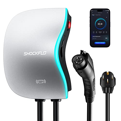 ShockFlo 48A EV Charger, Level 2 Electric Vehicle Charging Station, NEMA 14-50 Plug or Hardwired EV Charging Station, Wi-Fi and Bluetooth Enabled EVSE Indoor/Outdoor Use with 17ft Cable and RFID Card