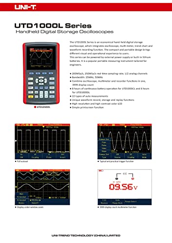 UNI-T Osciloscopio digital UTD1050CL 50 MHz 1 canal 200 Msa/s 12 kpts Número de pantallas: 3999 3.5 pulgadas TFL LCD