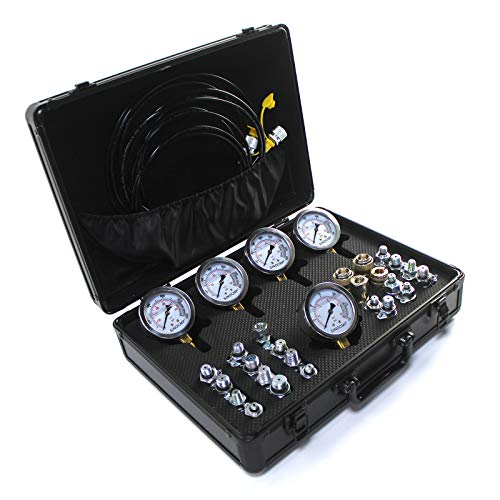 SINOCMP Kit de prueba de presión hidráulica con 5 calibres, 3 mangueras de prueba y 24 acoplamientos, kit de manómetro de prueba hidráulica utilizado para excavadoras