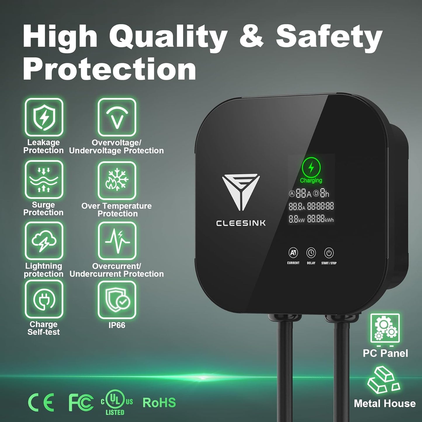 CLEESINK Cargador EV de nivel 2, estación de carga de vehículos eléctricos para interiores y exteriores, 40 A 240 V, NEMA 14-50, cable de 23 pies con certificación UL. 4-2687602YL