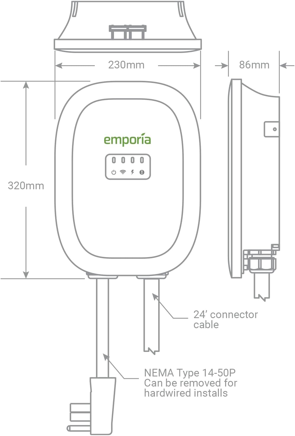 EMPORIA ENERGY Cargador Inteligente para vehículos eléctricos, 48 A, Nivel 2, Energy Star/UL, NEMA 14-50 o Cable Duro, Cable de 25 pies, EVSE para Interiores y Exteriores