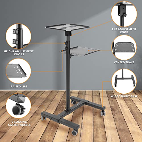 Soporte móvil para proyector y computadora portátil (2 estantes), carro rodante con bandeja ventilada, resistente, carro de presentación para computadora portátil y proyector de altura ajustable, negro