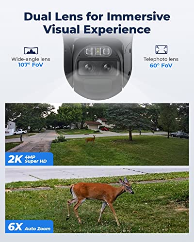 REOLINK Cámaras de seguridad inalámbricas de 4MP para exteriores, inclinación panorámica, seguimiento automático, zoom híbrido 6X, alimentado por energía solar con visión nocturna a color 2K, WiFi de 2.4/5GHz