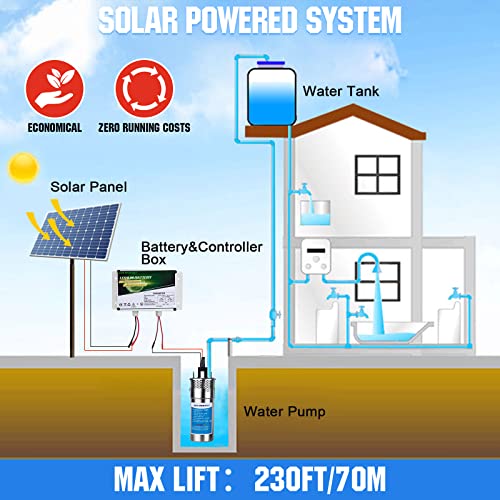 ECO-WORTHY Kit de bomba de agua solar de pozo profundo de 12 V CC con 2 piezas de panel solar mono de 100 W, controlador de batería de 10 Ah para pozos 165ft