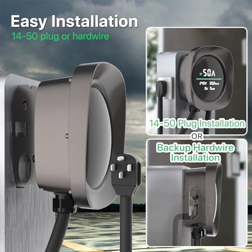 RhEVchar Cargador EV de 50 amperios, estación de carga de nivel 2 de pantalla inteligente con WiFi, cargador de vehículo eléctrico para el hogar J1772 de 240 V NEMA 14-50, enchufe o cable duro, cargador de automóvil controlado por aplicación ETL