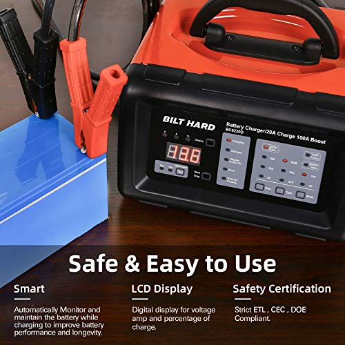 BILT HARD 2/10/20/100A 6/12V Cargador de batería inteligente y arranque del motor, mantenimiento automático, desulfador y diagnóstico con comprobación del alternador
