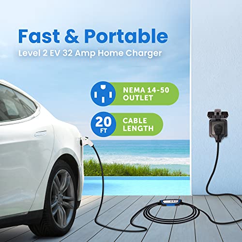 Duosida Level 2 EVSE - Cargador portátil para vehículos eléctricos de 32 A, cable EV, estación de carga para el hogar, conector SAE J1772, cable de 20 pies NEMA 14-50 con funda