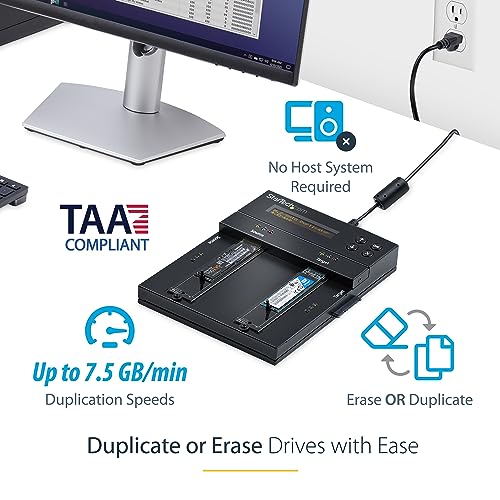 StarTech.com Duplicador/Borrador de Doble Bahía M.2 SATA/NVMe, Clonador/Limpiaparabrisas para M.2 PCIe AHCI/NVMe, M.2 SATA, 2.5/3.5", Desinfectante/Copiadora de Disco Duro, TAA (SM2DUPE11), Negro