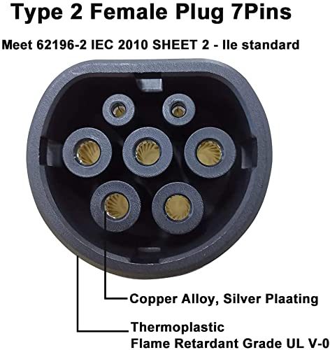 K.H.O.N.S. Adaptador tipo 2 a tipo 1 adaptador 32A EV para cable de carga EV para automóviles estándar estadounidenses (cable de carga de 0.7 ft, 2.0 lbs) (32A tipo 1 a tipo 2 (0.5c))