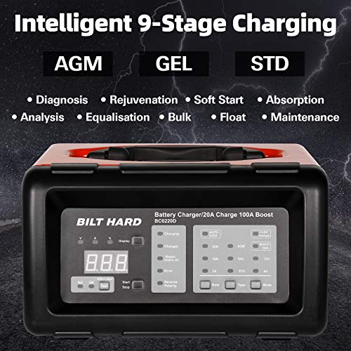 BILT HARD 2/10/20/100A 6/12V Cargador de batería inteligente y arranque del motor, mantenimiento automático, desulfador y diagnóstico con comprobación del alternador