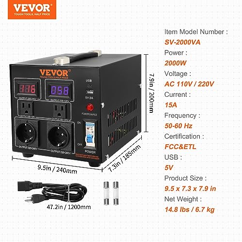 VEVOR Transformador convertidor de voltaje, 2000 W, transformador elevador/descendente resistente, convertidor de 110 voltios a 220 voltios y de 220 voltios a 110 voltios, puerto USB, certificado CE