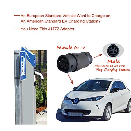 KHONS - Adaptador de cargador EV tipo 1 a tipo 2 adaptador de carga para vehículos eléctricos (SAE j1772 a IEC62196)
