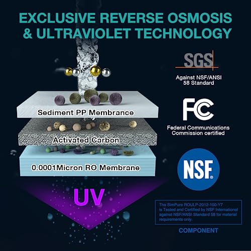 SimPure Y7P-BW Sistema de purificación de filtración de agua de ósmosis inversa para encimera UV, filtro de agua RO de 4 etapas, dispensador de agua sin botella, 4: 1 puro para drenar, libre de BPA (no requiere instalación)