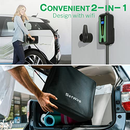 SetWire 40 Amp Smart Home WiFi Level 2 EV Charger, 2 in 1 Wall Mount & Portable EV Charger, UL&CSA Certified, 110-240V, NEMA 14-50 Plug, 23-Foot Cable, Electric Vehicle Electric Car Charger Station
