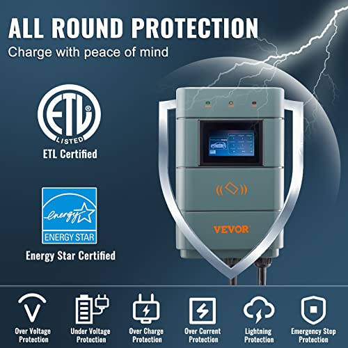 VEVOR Estación de carga de vehículos eléctricos de nivel 2, 0-48 A ajustable, 11.5 kW 240 V NEMA 6-50 enchufe inteligente EV con WiFi, cable de carga TPE de 24 pies para uso en interiores y exteriores, certificado ETL y Energy Star