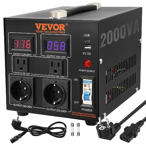 VEVOR Transformador convertidor de voltaje, 2000 W, transformador elevador/descendente resistente, convertidor de 110 voltios a 220 voltios y de 220 voltios a 110 voltios, puerto USB, certificado CE