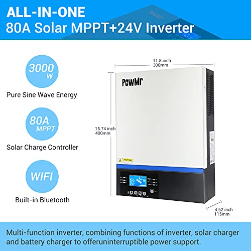 PowMr - Inversor de onda sinusoidal híbrida 3000W 24V CC a 230 V CA con driver de carga MPPT, servicio de soporte de utilidad/generador/carga solar