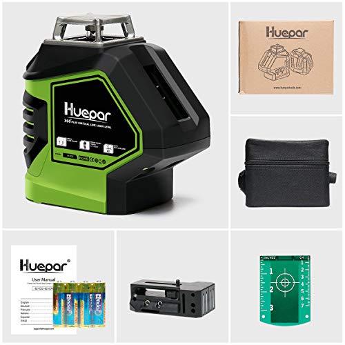 Huepar Línea cruzada de nivel láser verde autonivelante con 2 puntos de fontanería, línea horizontal de 360 grados más gran ángulo de ventilador de haz vertical con puntos arriba y abajo, base giratoria magnética 621CG