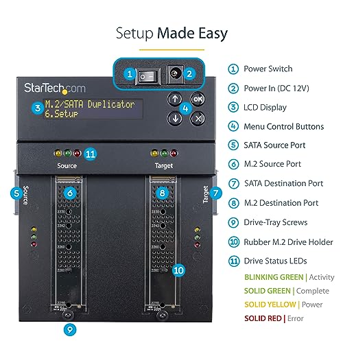 StarTech.com Duplicador/Borrador de Doble Bahía M.2 SATA/NVMe, Clonador/Limpiaparabrisas para M.2 PCIe AHCI/NVMe, M.2 SATA, 2.5/3.5", Desinfectante/Copiadora de Disco Duro, TAA (SM2DUPE11), Negro