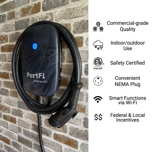 PortFi Estación de carga Smart Level 2 para vehículos eléctricos (EV), certificado de seguridad, interior/exterior, enchufe NEMA 14-50, cargador L2 EVSE/EV (Wi-Fi, 40 A)