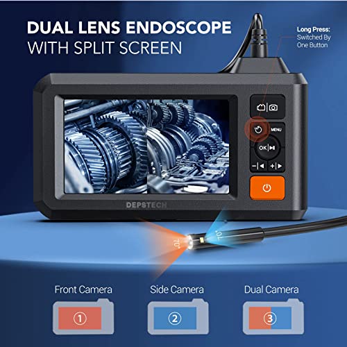 Endoscopio doble lente con cable semirrígido de 50 pies, cámara de inspección industrial DEPSTECH 1080P con visualización dividida, cámara de alcantarillado de 7.9 mm 4.3" resistente al agua IP67, 7 luces LED, funda portátil DS300 DL-15M