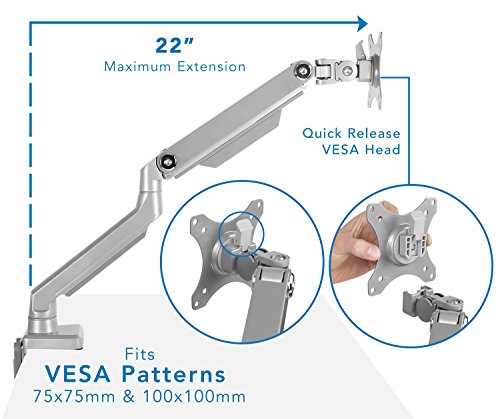 Soporte de brazo para un solo monitor | Soporte de escritorio | Brazo de resorte mecánico articulado ajustable en altura de movimiento completo | Se adapta a pantallas de ordenador compatibles con VESA de 24 27 29 30 32