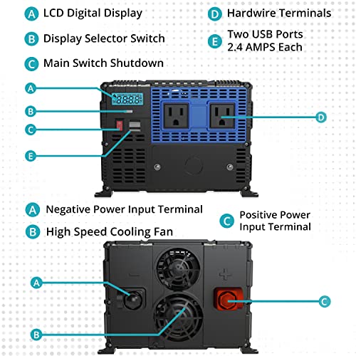 PowerBright Inversor de Potencia de 4000 vatios de 12 V a 110 V, inversor de Coche de Onda sinusoidal modificada, Salidas de CA Dobles de 110 voltios, convertidor de CC a CA con Kit de instalación