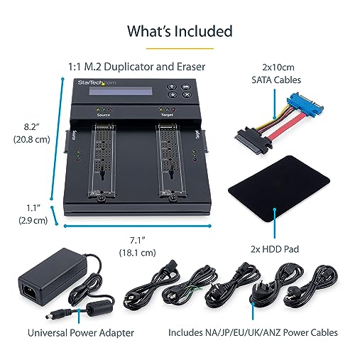 StarTech.com Duplicador/Borrador de Doble Bahía M.2 SATA/NVMe, Clonador/Limpiaparabrisas para M.2 PCIe AHCI/NVMe, M.2 SATA, 2.5/3.5", Desinfectante/Copiadora de Disco Duro, TAA (SM2DUPE11), Negro