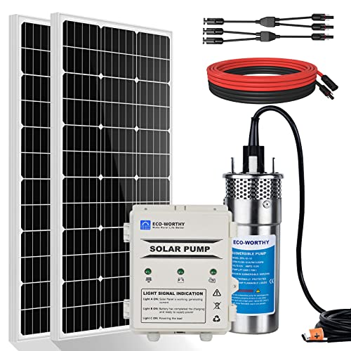 ECO-WORTHY Kit de bomba de agua solar de pozo profundo de 12 V CC con 2 piezas de panel solar mono de 100 W, controlador de batería de 10 Ah para pozos 165ft