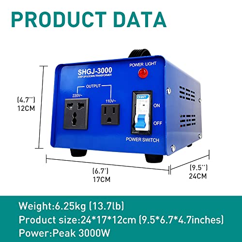 Transformador de potencia de 3000W, convertidor de potencia elevador/descendente, conversión de voltaje bidireccional, 110 V a 220 V/220 V a 110 V. Cambio de voltaje rápido, amplio rango disponible.