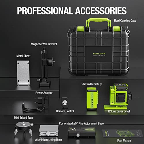 Teslong Nivel láser autonivelante de 3 x 360°, 12 líneas de nivel láser verde 3D, batería recargable de 9600 mAh, soporte magnético, base de ajuste fino, funda de transporte dura, control remoto